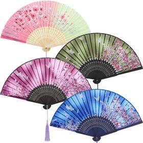 An5351-f Aneco 4 Pieces Folding Fans Bamboo Handheld Silk Fabric Hand Hold Inch