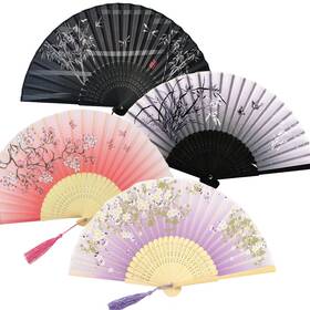 Cv034 Casavibe 4 Pcs Handheld Bamboo Fans Chinese Silk Folding With Frames Wom