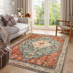 Gz-dyr-tribal-red-5x7 Lahome Boho Tribal 5x7 Washable Living Room Bedroom Rug Oriental Soft Dining